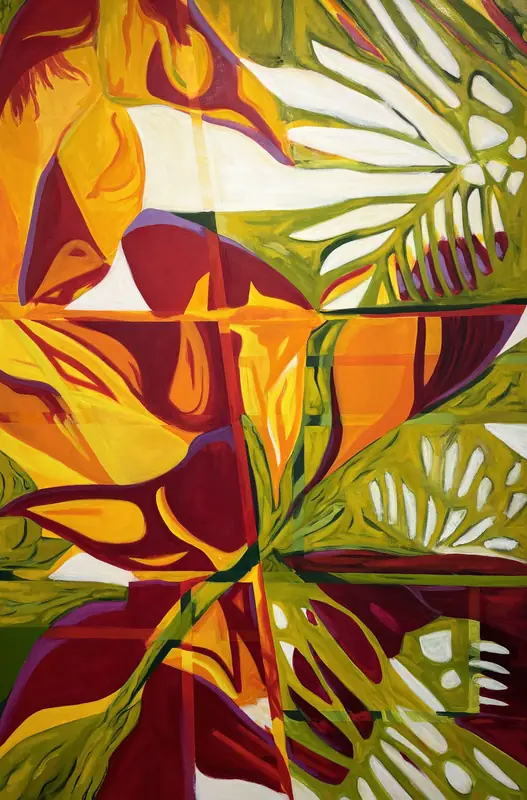 Terrarium I: large-format oil and acrylic painting, 72 inches tall by 48 inches wide, depicting abstracted Heliconia botanicals disrupted by geometric grid lines on canvas