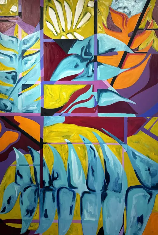 Terrarium II: large-format oil and acrylic painting, 72 inches tall by 48 inches wide, depicting abstracted Heliconia botanicals constrained by linear grid structures on canvas
