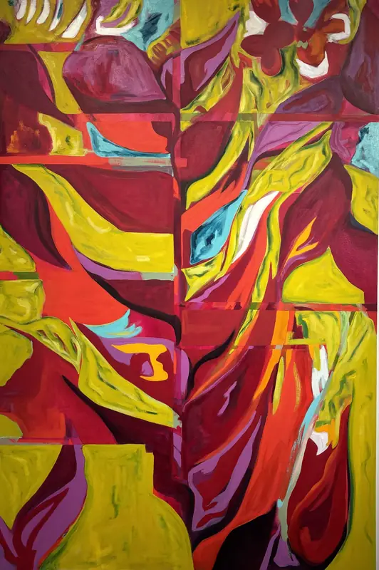Terrarium III: large-format oil and acrylic painting, 72 inches tall by 48 inches wide, depicting abstracted Heliconia botanicals intersected by geometric lines on canvas